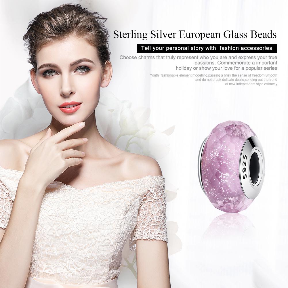 Bamoer Hot Selling Beautiful Pink Shimmer European Murano Glass Bead Charm Suitable for DIY Bracelet
