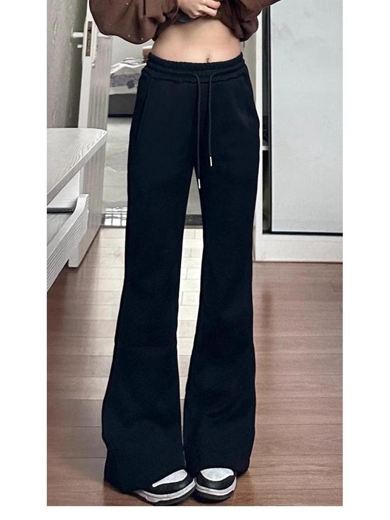 Pantalon de survêtement évasé noir taille haute pour femme - Printemps/Automne, Amincissant, Décontracté, Long jusqu'au sol avec cordon de serrage et drapé, Design en fer à cheval.