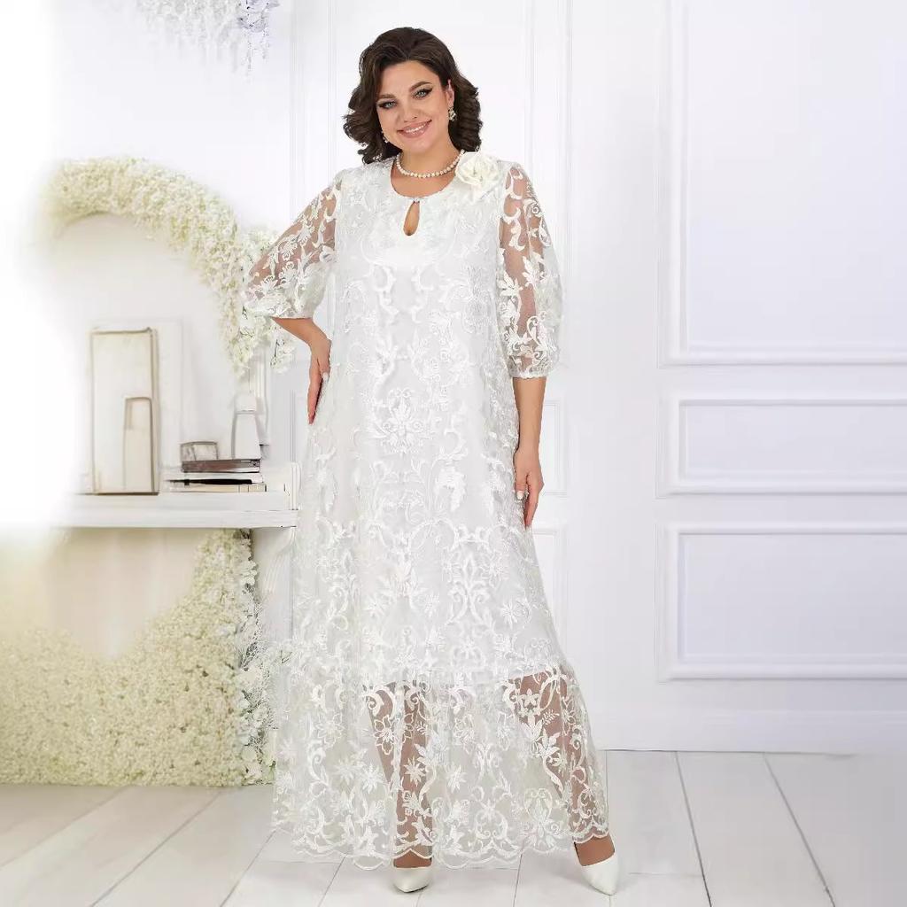 Plus Size  New European American Style Heavy Lace Embroidery Cocktail Evening Dress Two-piece Set for Women