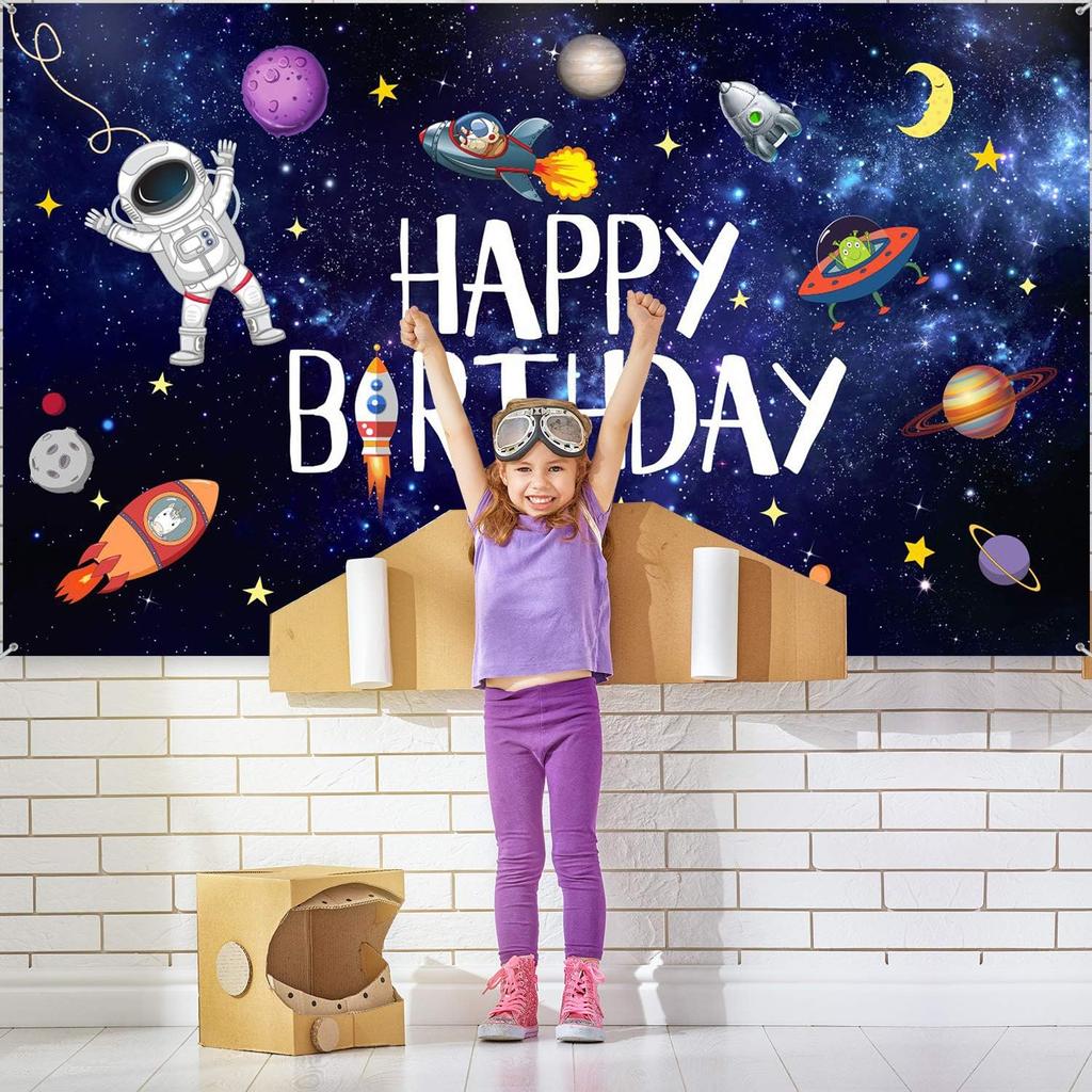 Boao Space Happy Birthday Photography Background Astronaut Rocket Backdrop Banner for Children's Birthday Galaxy Planet Party Photo Booth Backdrop,