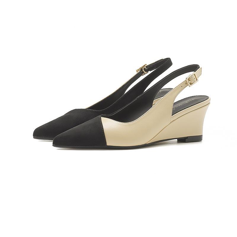-1 rear empty one-word color matching wedge heels women's and women's summer new pointed thick-soled high heels