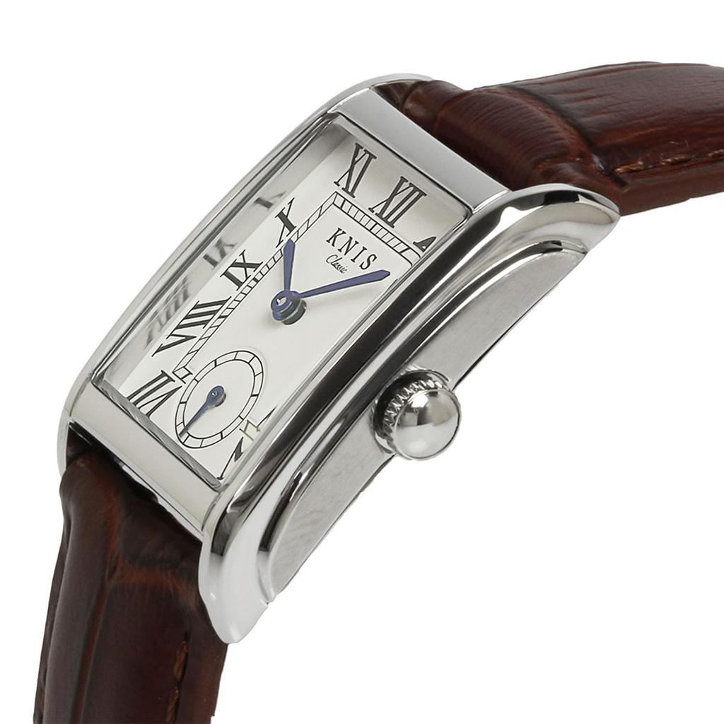 KNIS Kyoto Japan KN004-GDBRC Unisex Classic Rectangular Watch Quartz White Dial Roman Numerals Silver Brown Croc-Embossed Leather 3ATM Water Resistant