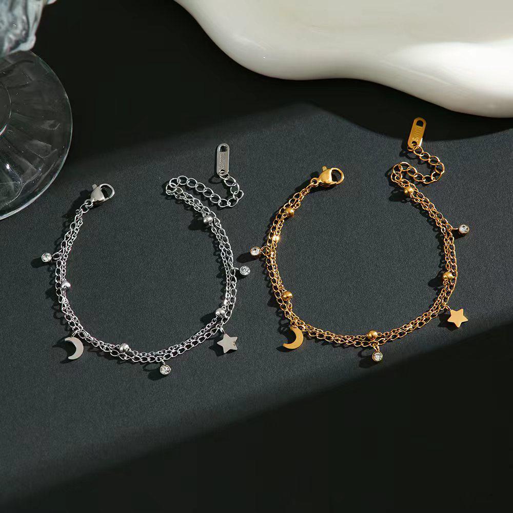 Women's Double-Layer Titanium Steel Bracelet with Star and Moon Design - Light Luxury High-End Jewelry, Non-Fading.