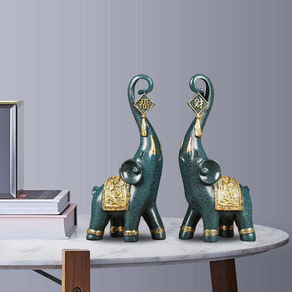 Good Luck Couple Elephants Statue Figurines Decorative Accent with Trunk up Sculpture for Home Desktop Decoration Gifts Ornament