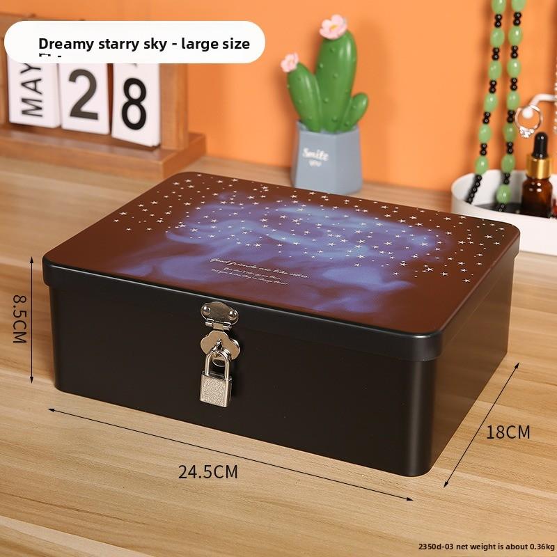 Retro Tinplate Box with Lock Key, Desktop Storage Box, Cosmetics, ID Storage, Household Jewelry Empty Box.