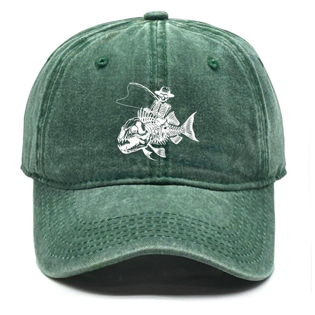 Human Skeleton and Fish Print Snapback Sun Hat, Fishing Rod Mesh Hat Fit Hip Hop Distressed Raw Brim Adjustable Baseball Hat