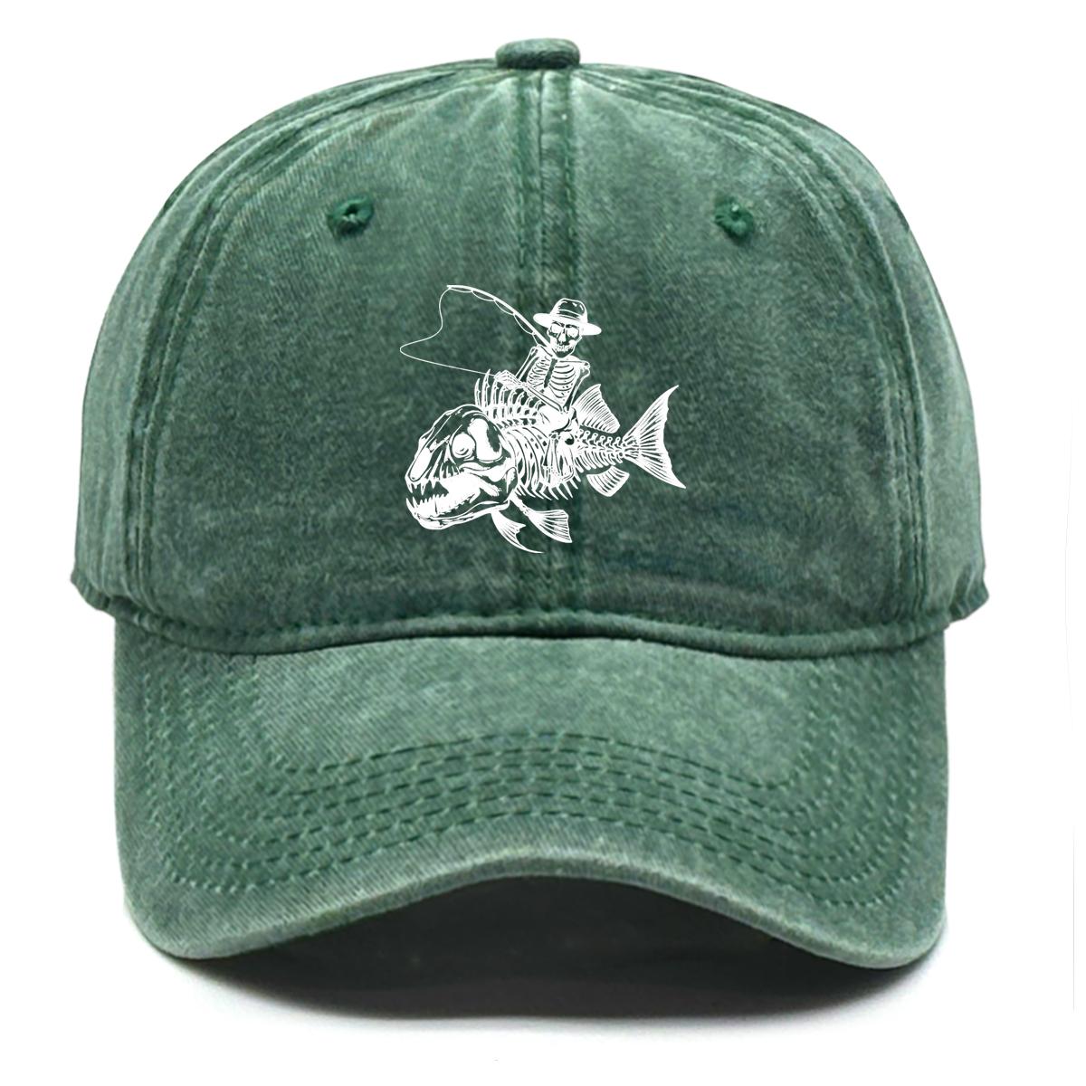 

Human Skeleton and Fish Print Snapback Sun Hat, Fishing Rod Mesh Hat Fit Hip Hop Distressed Raw Brim Adjustable Baseball Hat as the picture зелёный