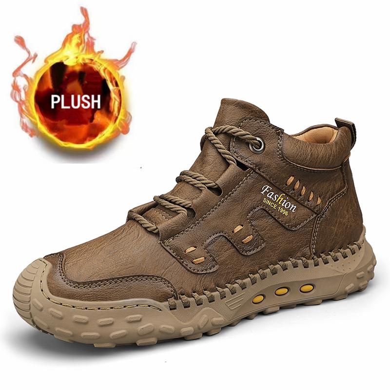 Microfiber Leather Men Boots Outdoor Sports Non-slip High-top Hiking Shoes for Men Optional Plush Winter Ankle Boots Big Size