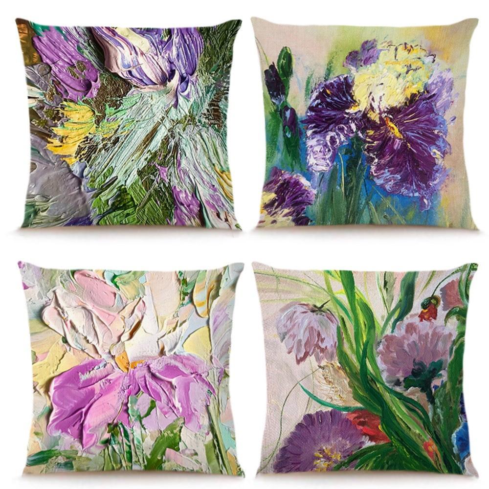 Art Oil Painting Floral Print Home Decor Pillowcase Bedroom Living Room Sofa Decoration Polyester Cushion Cover With Zipper