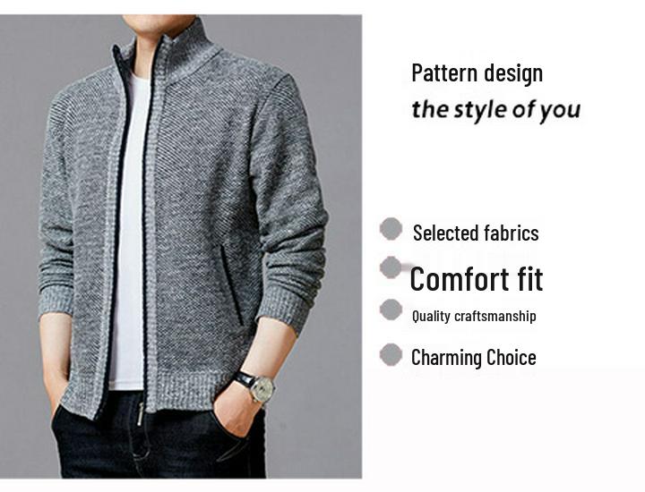 Men's Winter Stand-Up Collar Knitted Cardigan: Loose, Plus Velvet, Big Size, Fashionable, Casual Coat