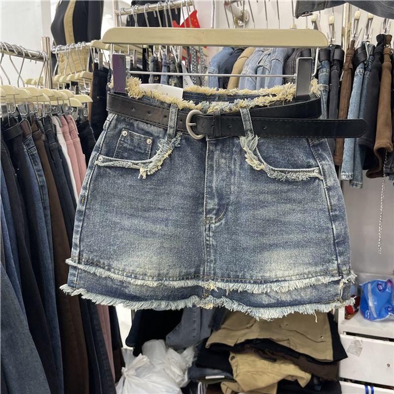 

Fashion Retro Denim Skirt Women s Summer Plus Size Small Slim Looking A- line Sheath Skirt Sexy Shorts Skirt Blue(Free Black Belt) Size M [50.00 kg-55.00 kg]]