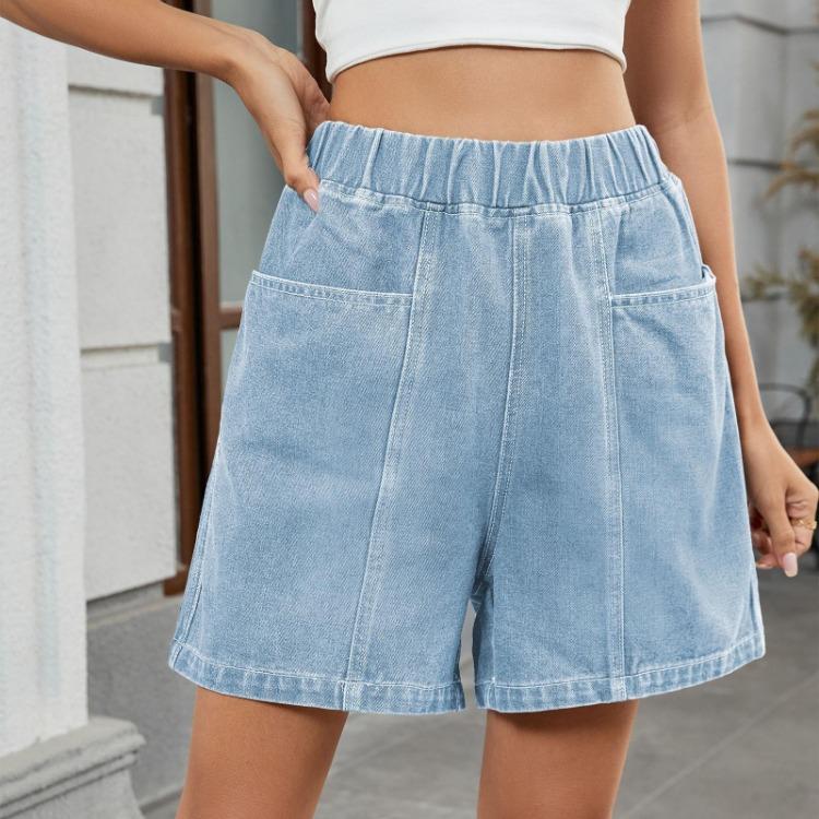 Summer Loose Fit Denim Shorts Women Casual Elastic Waist Wide Leg Jeans Short Pants Two Front Pockets