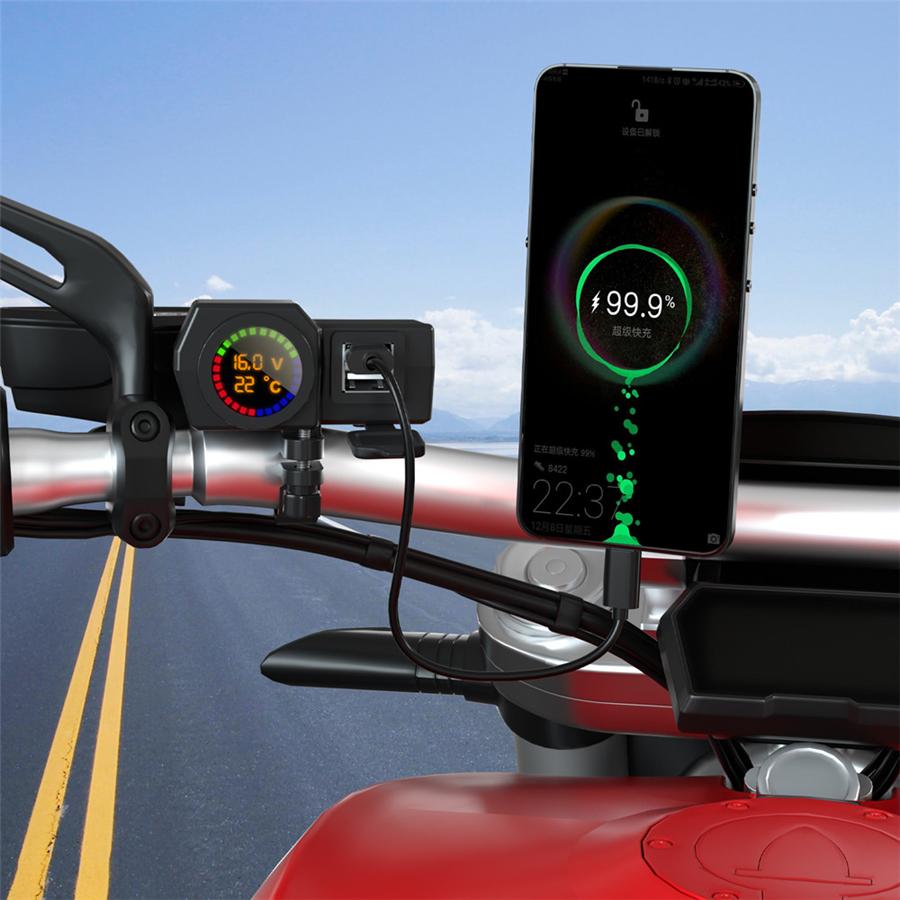 Waterproof Motorcycle Dual USB Phone Charger Adapter w/ Voltmeter & Temp Display