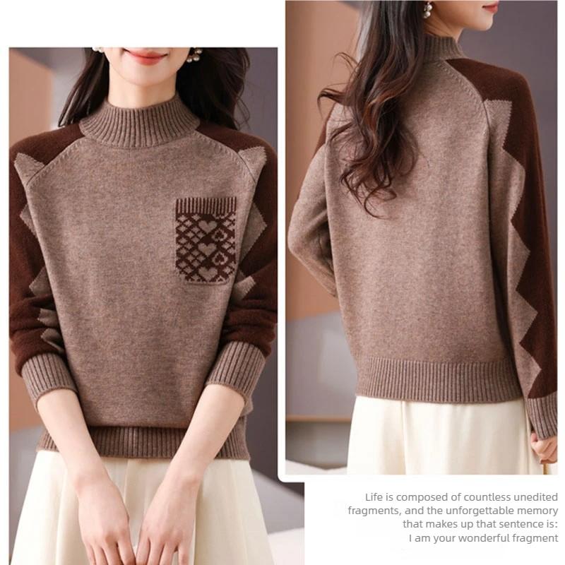 Women's Printed Sweater Autumn Winter Thick Soft Mock Turtleneck Sweater Color Block Loose Knit Pullover Top