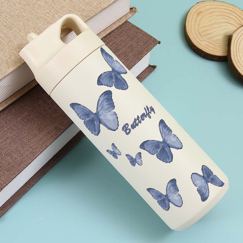 Fashion Colorful Butterfly Art Stainless Steel Fitness Outdoor Water Bottle, 550ml-BWBA/18.6oz Reusable Insulated Flask Gift 550ml