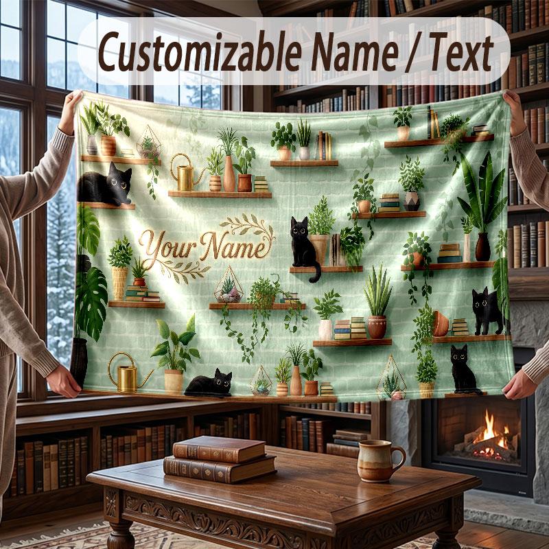 Cat Theme Throw Blanket Custom Name Text Personalized Blanket Soft Cozy Blanket for Home Sofa Bed