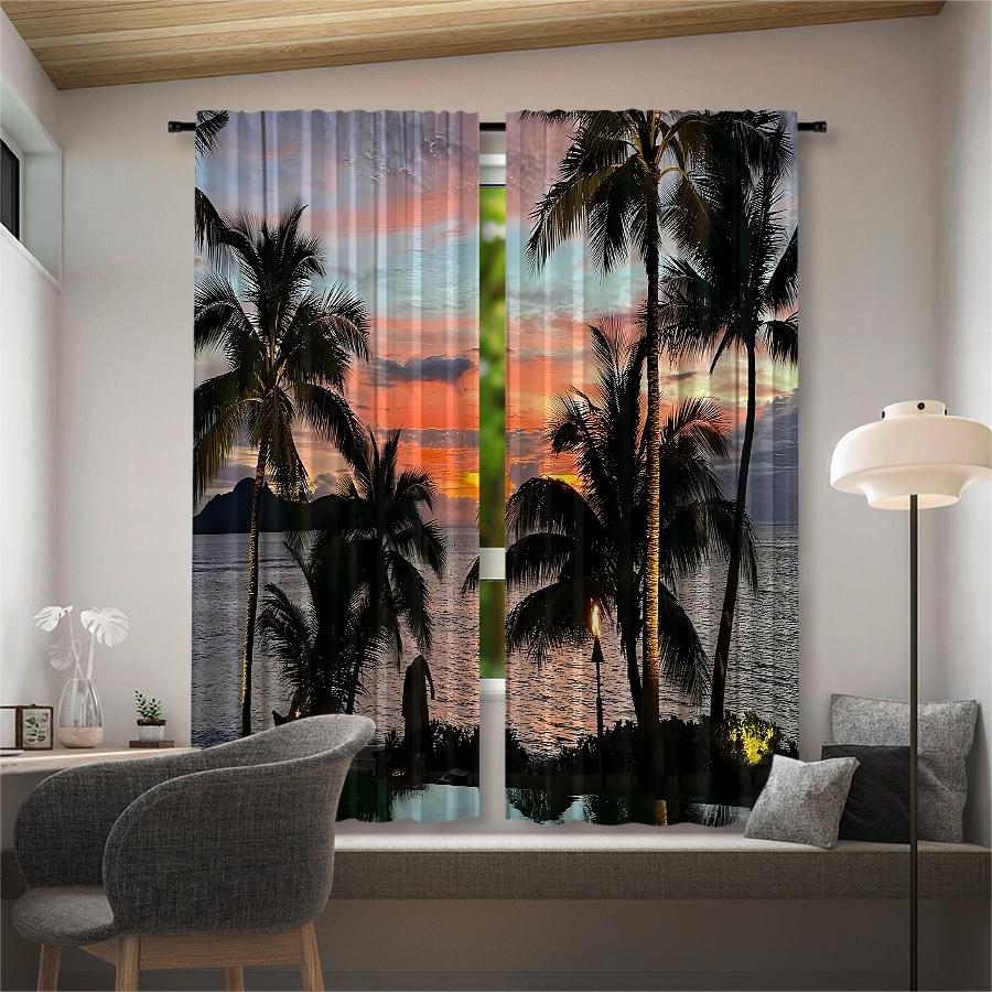 2pcs- Korean-style palm and coconut tree polyester curtains, pole bag curtains 42*84, bedroom, living room, home room decoration