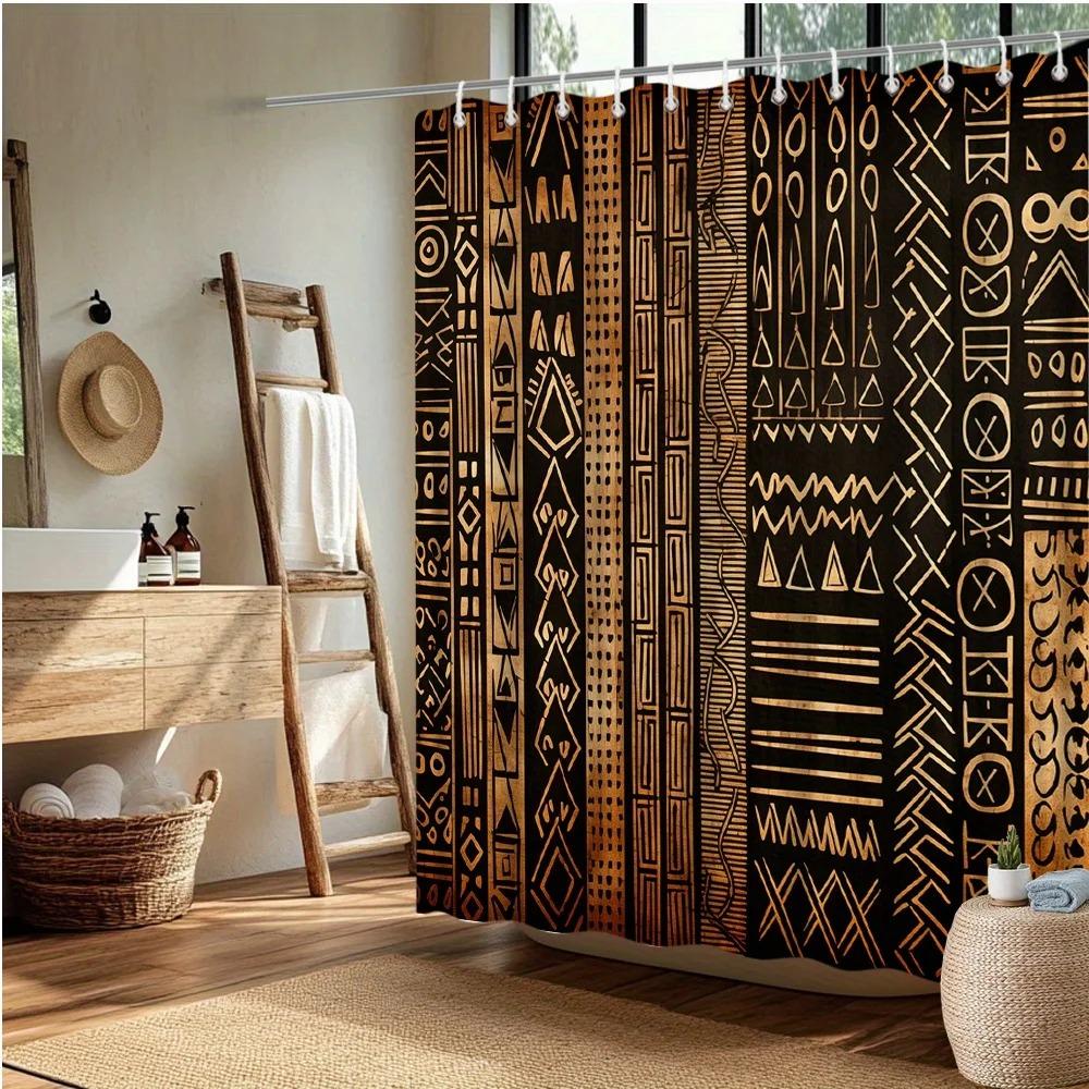 African Tribal Shower Curtain Black Gold Ethnic Art Decor Bathroom Fabric Panel With Hooks Washable Fade Resistant Modern