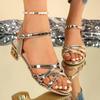 Fashion Elegant Golden Ankle Strap Sandals Women 2025 Open Toe Med Heels Summer Party Shoes Ladies Plus Size 35-43 Cross Band Sandalias
