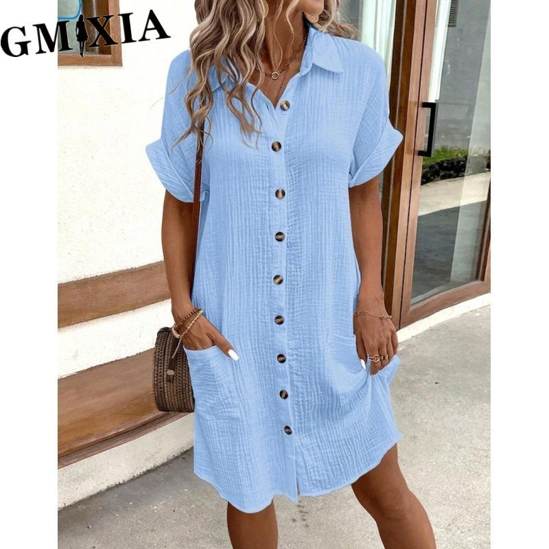 

GMXIA Женские модные летние весенние однотонные повседневные платья с короткими рукавами и воротником-поло с принтом XXXXL синий