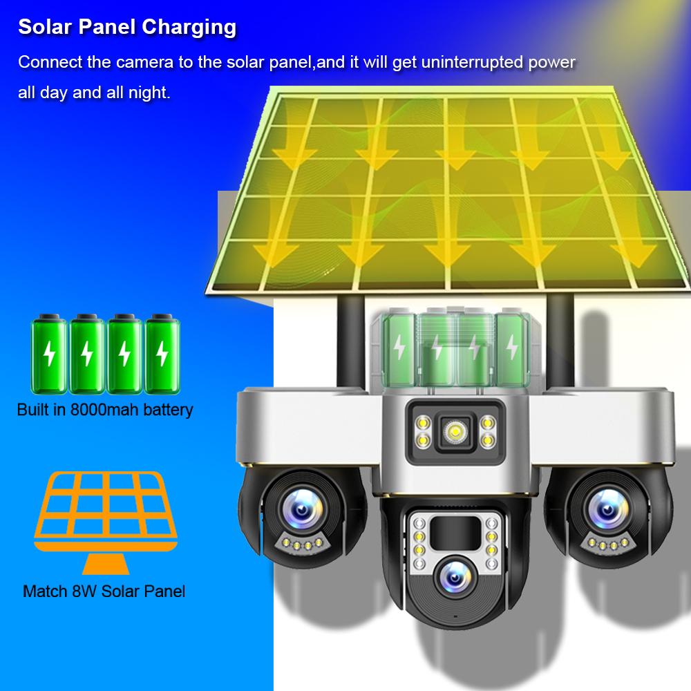 V380 PRO WiFi Solar Camera 3 PTZs Security Protection 15MP Home CCTV Cameras 3 Lens PIR Human Detection Outdoor Night Vision Surveillance