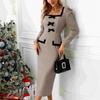 Damen Karomuster Midi-Kleid mit quadratischem Ausschnitt und langen Ärmeln Bodycon Bleistiftkleid mit Schleife Elegantes Partykleid