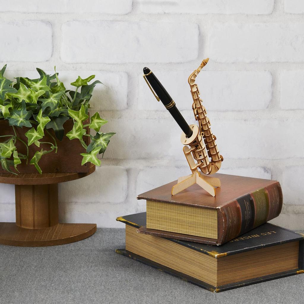 Ki-gu-mi Saxophone Pen Stand - A 3D Wooden Puzzle DIY Craft Kit for Kids and Adults Alike - Educational Toy for Boys and Girls - a Great 3D Art Piece