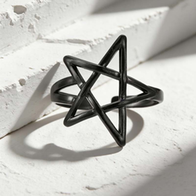 Punk Black Hollow Pentagram Star Rings Stainless Steel Metal Star Opening Adjustable Finger Ring Aesthetic Zircon Gift