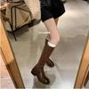 ! Washed horse leather round head retro thick heel buckle high boots women's knight boots