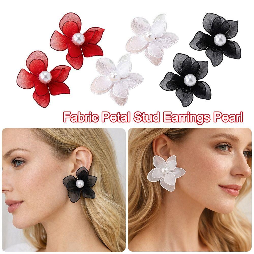 Mesh Petal Stud Earrings Fabric Women's Fashion Earrings Gifts Pearl Geometric Earring