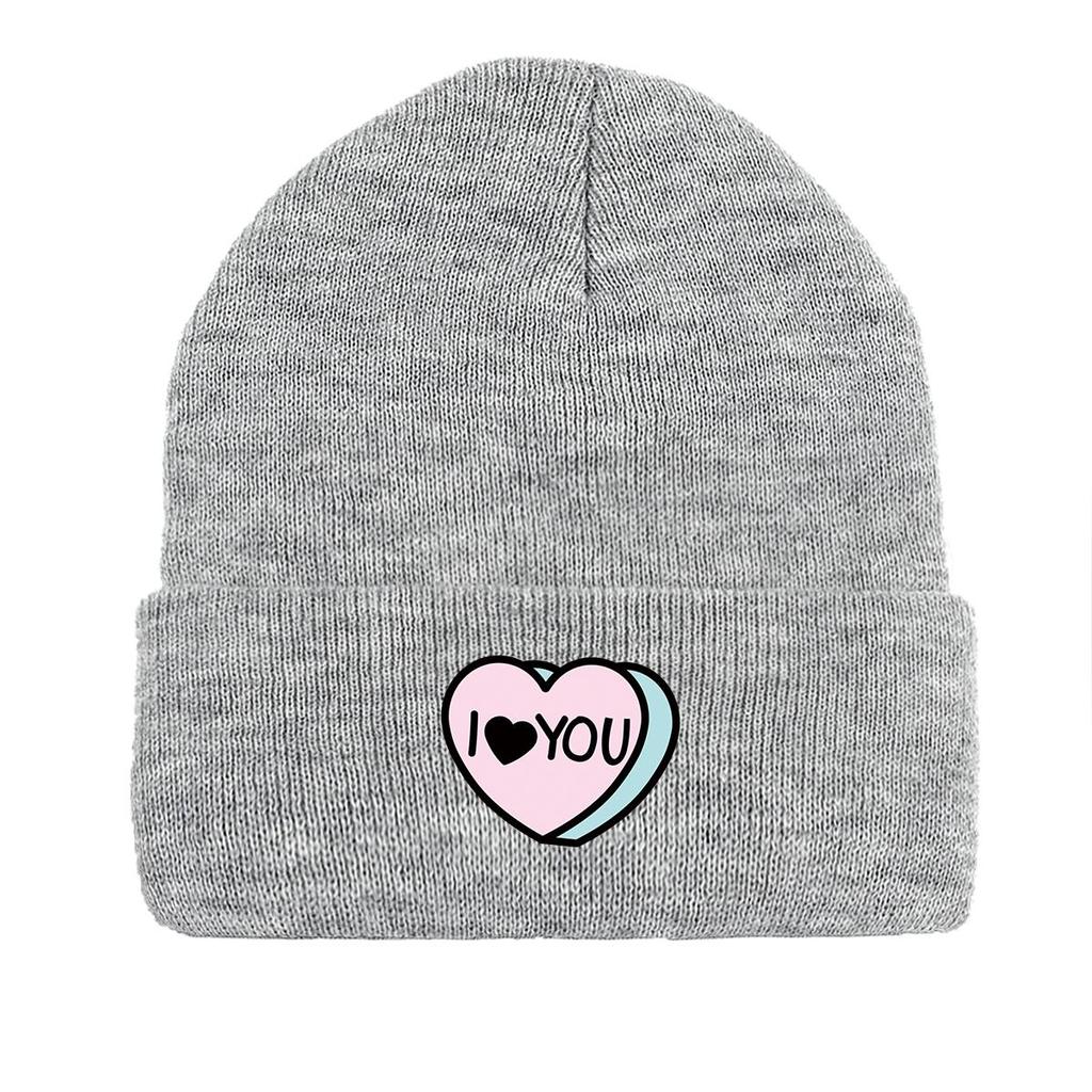I LOVE YOU" Print Knitted Cap Beanie, Valentine's Day Woman Cap Winter Soft Hip Hop Headwear Knitted Cap Beanie