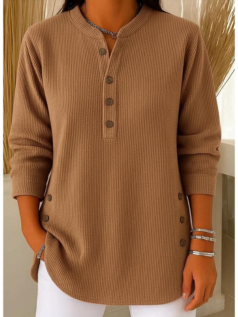 2025 Autumn/Winter Women's Solid Color Loose V-Neck Button Long Sleeve Casual Top
