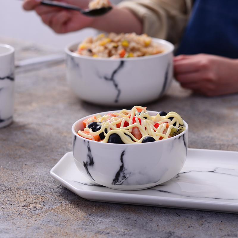 Set of 2pcs White Marbled Bowl Ceramic Rice Bowl Set Ramekin Bowl Breakfast Oatmeal Bowls 4.8 Inch Microwave Safe