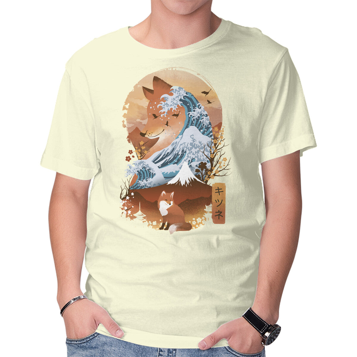 Unisex Crew Neck T-Shirt Kitsune Landscape Graphic Short Sleeve Casual Tee XXL