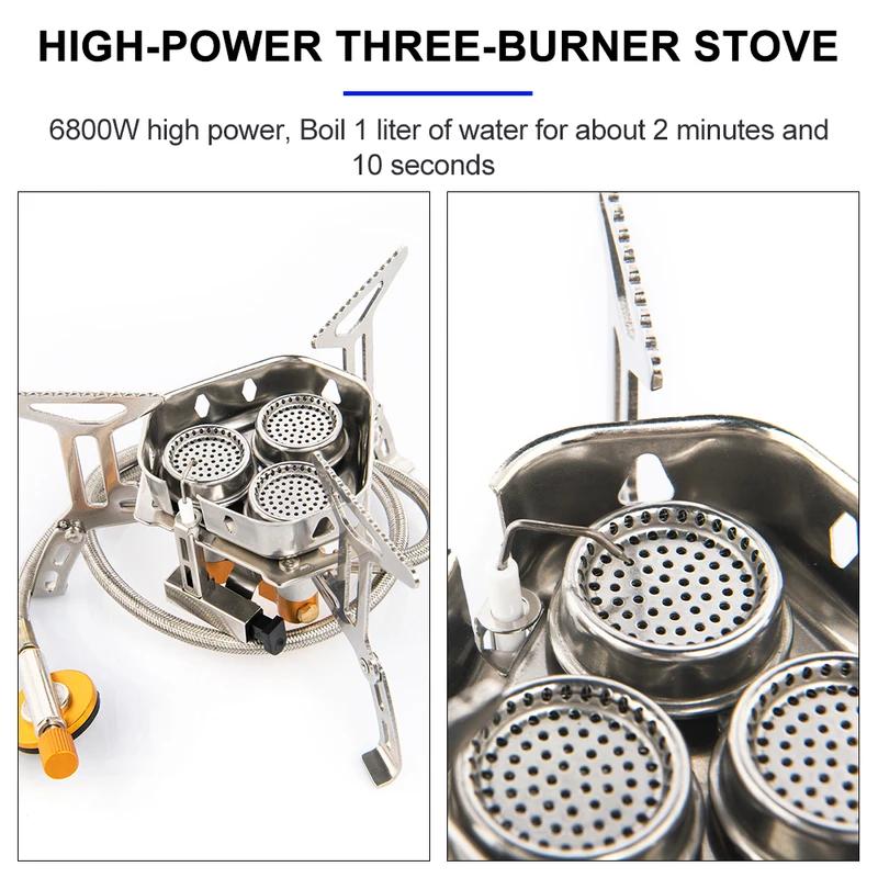 3 Heads Camping Burner Big Power Gas Stove Cookware Portable Windbreak Furnace Picnic Barbecue Tourism Supplies Outdoor