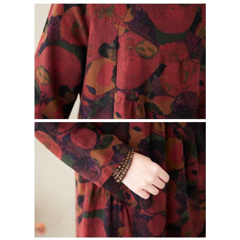 Spring and Summer New Style Retro Cotton and Hemp Round Collar Pocket Long-sleeved Dress Female Loose Thin A Line Skirt