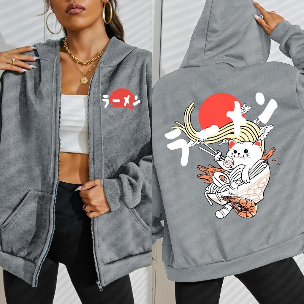 Japanese Delicious Noodle Cat Prints Zipper Hoodie Women Street Fleece Hoody Fashion Sportswears Autumn Loose Sportswear