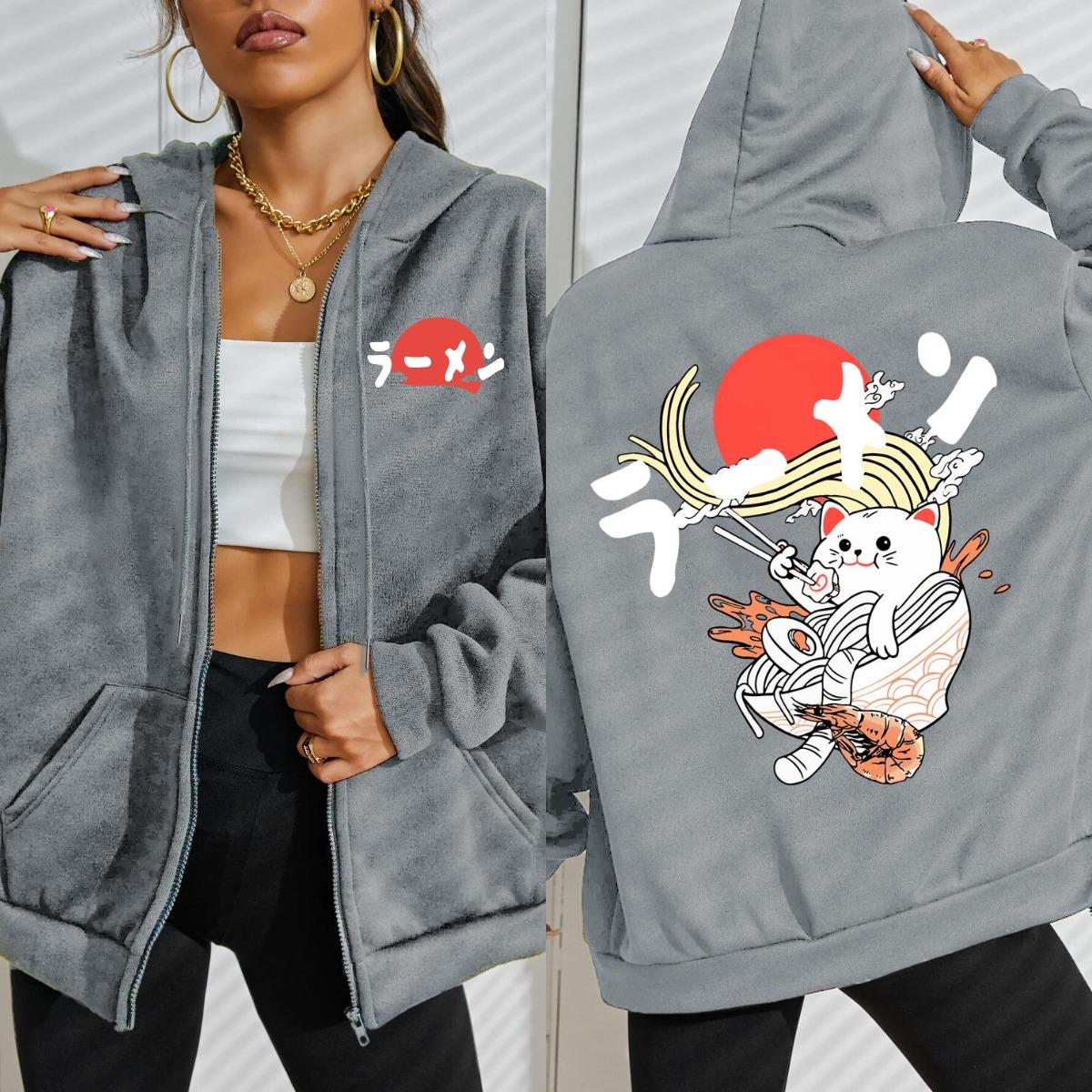 

Japanese Delicious Noodle Cat Prints Zipper Hoodie Women Street Fleece Hoody Fashion Sportswears Autumn Loose Sportswear M