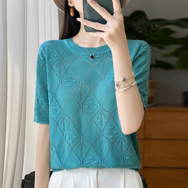 Women Knit T-shirt Summer Knitted Shirt Short Sleeve Tees O-neck Pullover Knit Tops Female