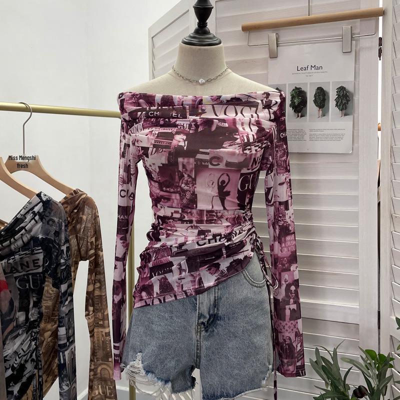 

Ретро Топ с принтом граффити, открытыми плечами, сетчатыми длинными рукавами и боковой кулиской One Size