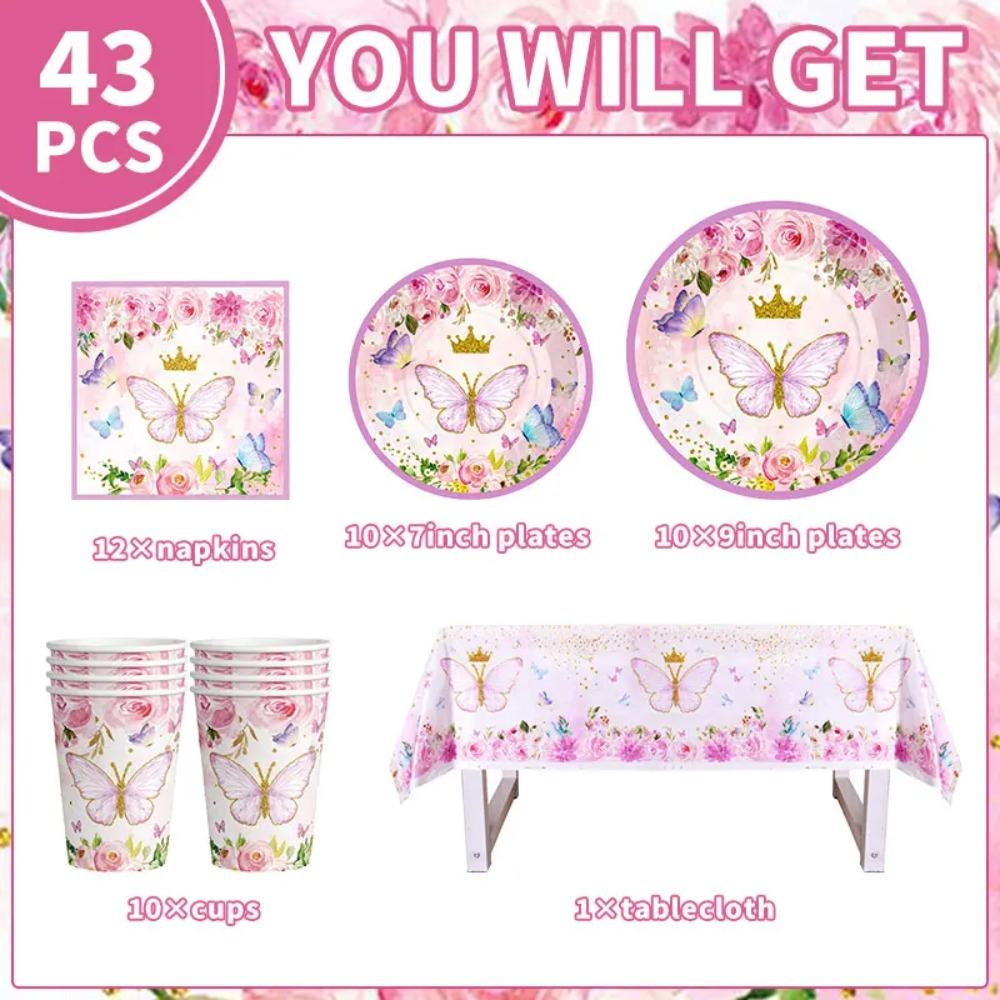 Pink Butterfly Birthday Decoration Balloon Set Tableware Cup Plate Napkin Gift Bags Backdrop Banner KeyChain Girl Party Supplies