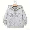 Sleeve Loose Daily Outerwear Kids Fashion Minimal Line Cat Chest Print Zip Up Hooded Jacket Long