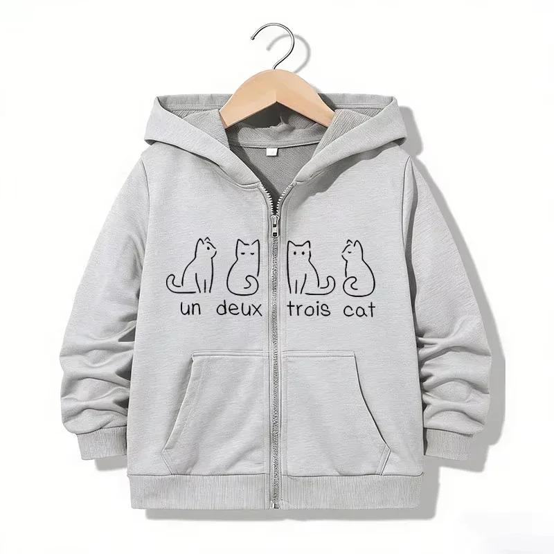 Sleeve Loose Daily Outerwear Kids Fashion Minimal Line Cat Chest Print Zip Up Hooded Jacket Long