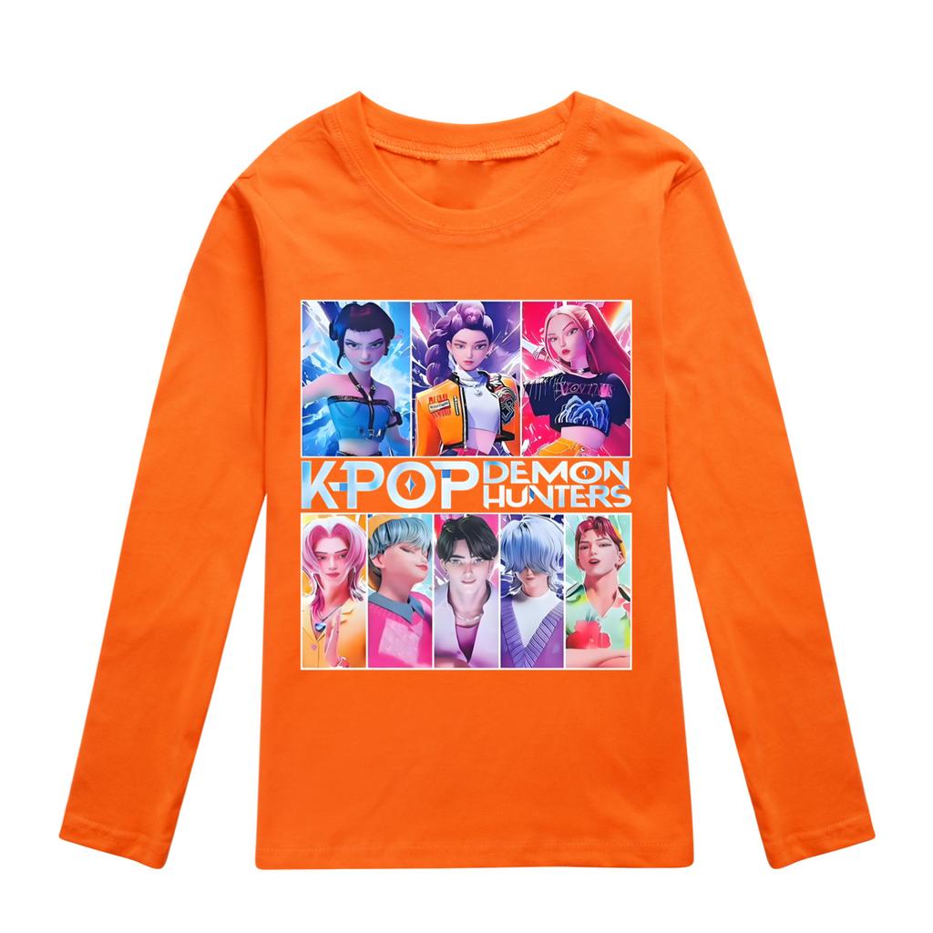 KPop Dämonenjäger T-Shirt Kinder Stilvolle Mode Cartoon Freizeitkleidung Jugend Mädchen Locker Rundhals-T-Shirts Jungen Langarm-Oberteile