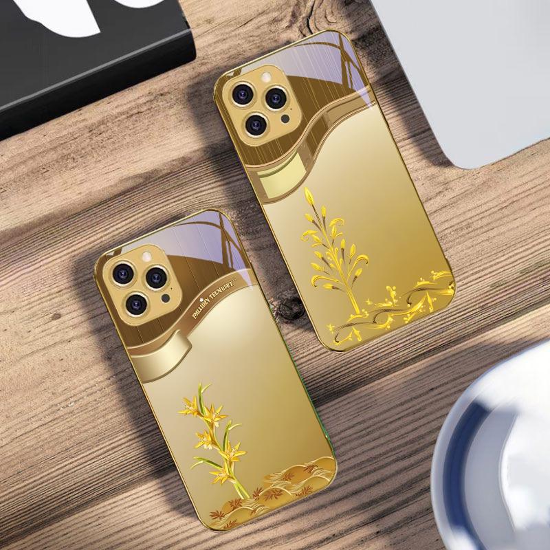 Golden Orchid Flower For IPhone 16 Pro Max 15 P Ro 14 M Ax 13 Plus 12 Mini 11 XS Max XR Golden Tempered Glass Phone Case