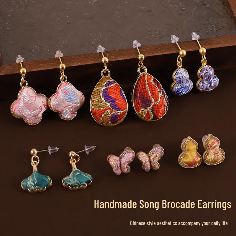 DIY Handmade Brocade Dangle Earrings Kit with 925 Silver Needles - New Chinese Style Gift Set