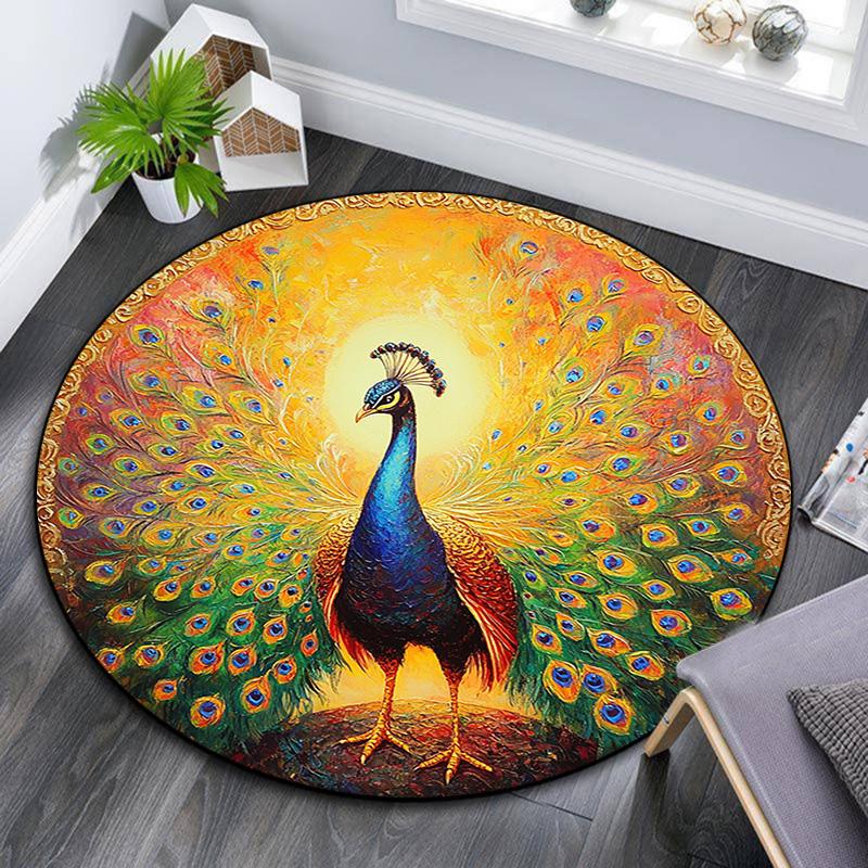 Peacock Round Area Rug,Carpet Rug for Living Room Bedroom Sofa Playroom Decor,Non-slip Floor Mat