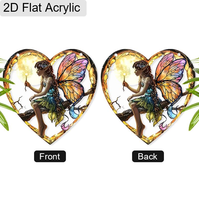 Acrylic Heart-Shaped Fairy with Moon Suncatcher, Stained Glass Style Window Hanging Ornament for Fantasy and Nature Lovers