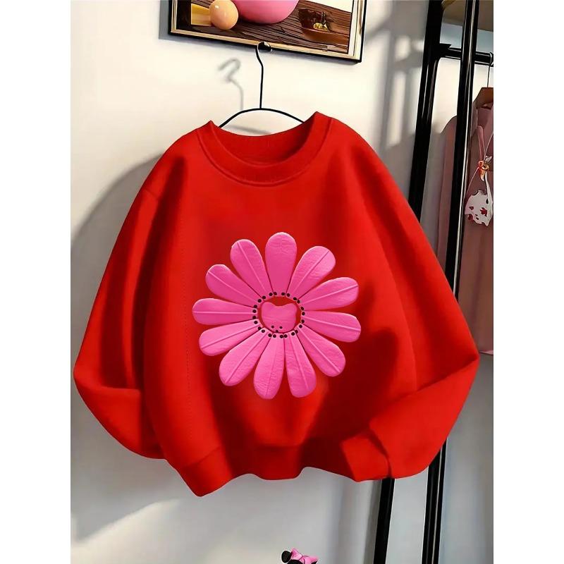 Kids Unisex Crewneck Sweatshirt, 3D Embossed Pink Daisy With Cute Cat Face Center Print Soft Fleece Pullover For Kids Over 4 Years Old