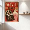 Vintage Red Movie Night Metal Tin Sign with Film Reel, Clapperboard, Popcorn - Decor for Cinema Bar Man Cave Home Restaurant